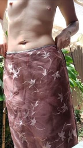 Trying on skirts nude outdoors, small boobs, hairy bush, petite
