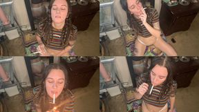 Brunette Babe Smoking & Riding a Dildo