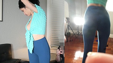 Jazmin tries on leggings and wrap shirt for photoshoot