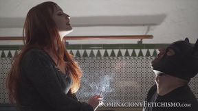 Human ashtray for Domina Damsel