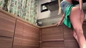 Big Tits Hot Petite Blonde New Wife in See through Top Braless in the Kitchen shows Pussy and her Naked Big Ass