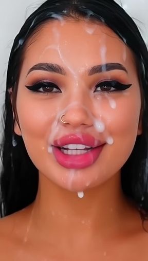 bimbo, facial, a sexy Japanese Slut, wet hair, video created by AI
