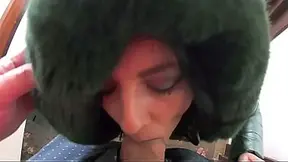 Slutty Mature Orgasm � Blowjob & Cum on Green Shiny Downjacket