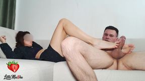 Little Maisha Does Well with Her Feet and at the End She Mounts a Hard Cock and Gets a Copious Cumshot on Her Tits.