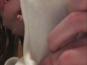 Стриптиз брюнетки в колготках и грязные трусики крупным планом