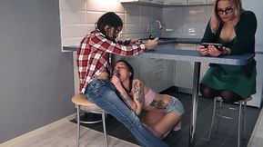 College babe sneakily sucks under table while girlfriend watches