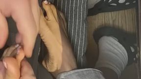 Melove getting a massage on her sexy small feet before grabbing Naelor's punishing tool