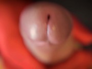 Closeup juicy cock mastrubation with red gloves
