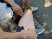 Sneaky jerk and suck on public park bench