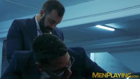 Elegant men bang each others asses after hard day at work
