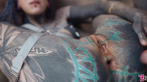double anal penetration for heavily tattooed anuskatzz - sloppy bj, atm and big anal gapes