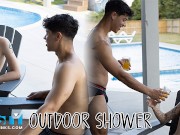 NastyTwinks - Outdoor Shower - Jay Angelo Takes Shower When Jordan Haze Joins, Bareback Shower Fuck