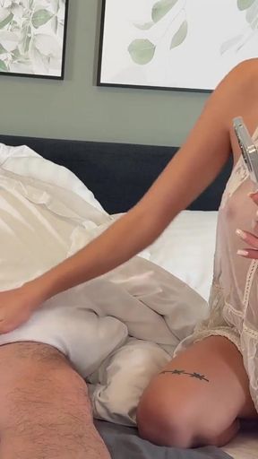 Hot sexy skinny and horny brunette babe plays with a dick under the quilt and puts oil on it   Clip 1