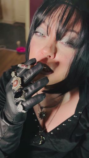 10 Rings Over My Leather Gloves! Smoking Miss Tina Snua Enjoy A cigarette With You   Clip 2