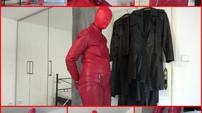 Red leather hooded wife in handcuffs and chains