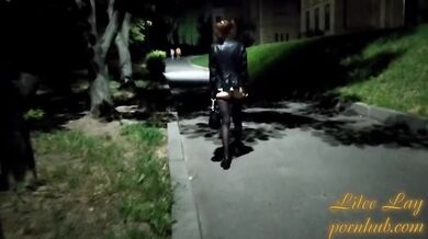 Pantyhose flirt in downtown lights redhead teases panties out flashing solo.