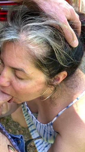 Hot Mom Maxine outdoor blowjob at the back of the car with cumshot on her big tits. HOT!