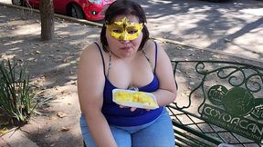 i suck my man s ass, cock and balls, extract a lot of cum and eat it with pineapple in public