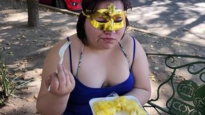 i suck my man s ass, cock and balls, extract a lot of cum and eat it with pineapple in public