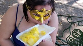 i suck my man s ass, cock and balls, extract a lot of cum and eat it with pineapple in public