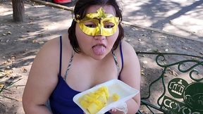i suck my man s ass, cock and balls, extract a lot of cum and eat it with pineapple in public