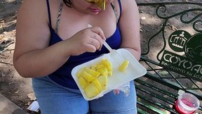 i suck my man s ass, cock and balls, extract a lot of cum and eat it with pineapple in public