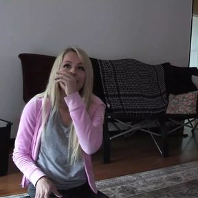 After a short interview, this blonde pornstar is ravaged by a big white dick