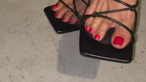 13. Melove Tip Toe in Black Heels showing legs and Red Nail Polish