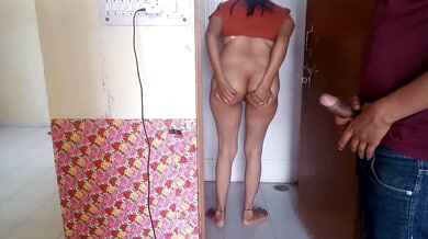 Indian neighbor catches her on the toilet and takes her standing in the bathroom