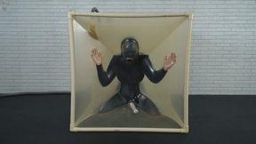 Experiment with a vibrator in a large vacuum cube made of transparent latex, an inflatable gag and orgasms