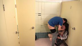 Five innocent girls selling panties get filled with cum in a public restroom
