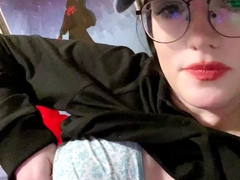 Busty curly brunette with big boobs fucks on couch