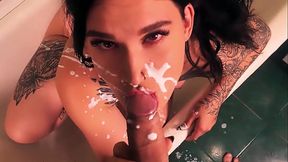 sexy milf sucks big cock in bathroom, face all in white thick liquid - tattooslutwife
