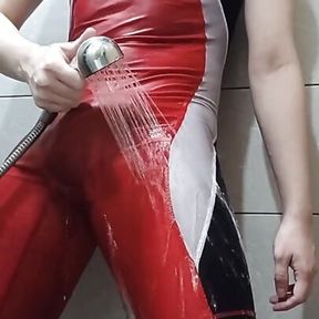 Boy Wrestler in a Wrestling Suit Washes in the Shower and Plays with Himself