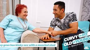 ”Buxom old woman having kinky sex with a muscled stud”