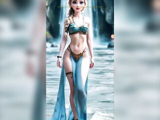 The queen of ice now embraces the water. Draped in flowing blue silk and golden ornaments, Elsa moves like a female-dominator between waves, mixing elegance, dream, and pure seduction.