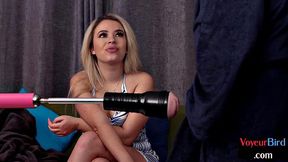 Dirty CFNM seduces naked guy with big sex toy