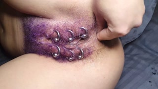 Purple Colored Hairy Pierced Pussy Get Anal Fisting Squirt