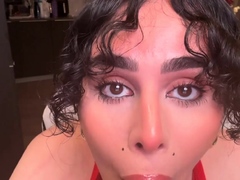 Hot Trans Deepthroats Dildo with her Thick Lips