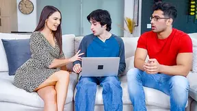 Two buddies surprise stepmom for her birthday and she thanks them with a wild threesome