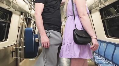 Husband's Dirty Fantasy! Stranger Guy touch my wife with his erection on the subway while I'm watching