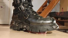 Slave boy enjoy cock stomping in leather boots POV