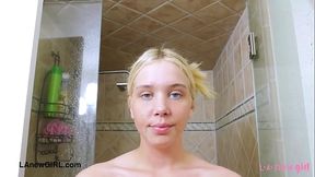 Elegant shy blonde took a shower