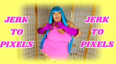 Blue-haired cosplayer strikes a pose in front of a traditional screen