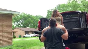 Brunette girl gets her pussy eaten in the trunk