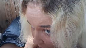 Unplanned public blowjob on a forest viewing deck, ending with a huge facial amid yellow blooms