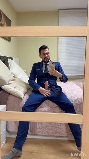 Hot Suited Stepdaddy Jerking off in Front of the Mirror