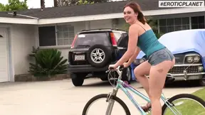 Curvy girl Jodi Taylor rides bike then takes huge cock for a good fuck