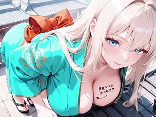 Golden-haired in a Green Kimono! Slothful Terrace Reading, off-shoulder Design Is Likewise Sinful!