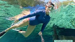 A fun day in the spring in the new blue wetsuit and bathing suit with bonus ring toss test with bound ankles clip